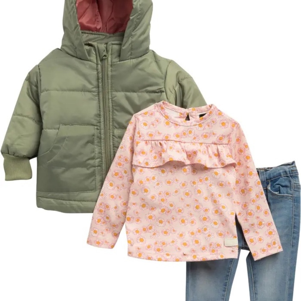 7 for all Mankind 3-Piece Quilted Jacket, Long Sleeve Top‎ & Denim Pants Set